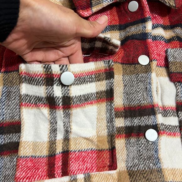 Womens Red Plaid Shacket/Jacket Lapel Coat Button Down Long Sleeve Shacket M - Picture 7 of 12